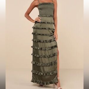 Olive Green Satin Smocked Ruffled Maxi Dress